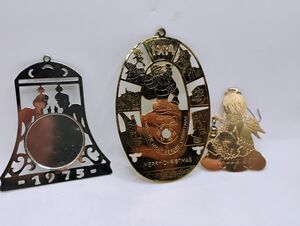 3 Vintage LILLIAN VERNON Brass Christmas Ornament Lucarelle 1970s-80s Gold Tone